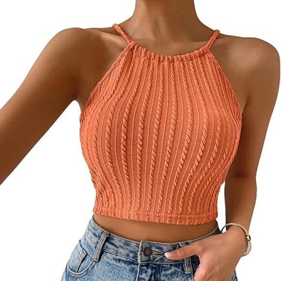 Coral Orange Lace Up Back Shein Crop Top - Picture 1 of 4